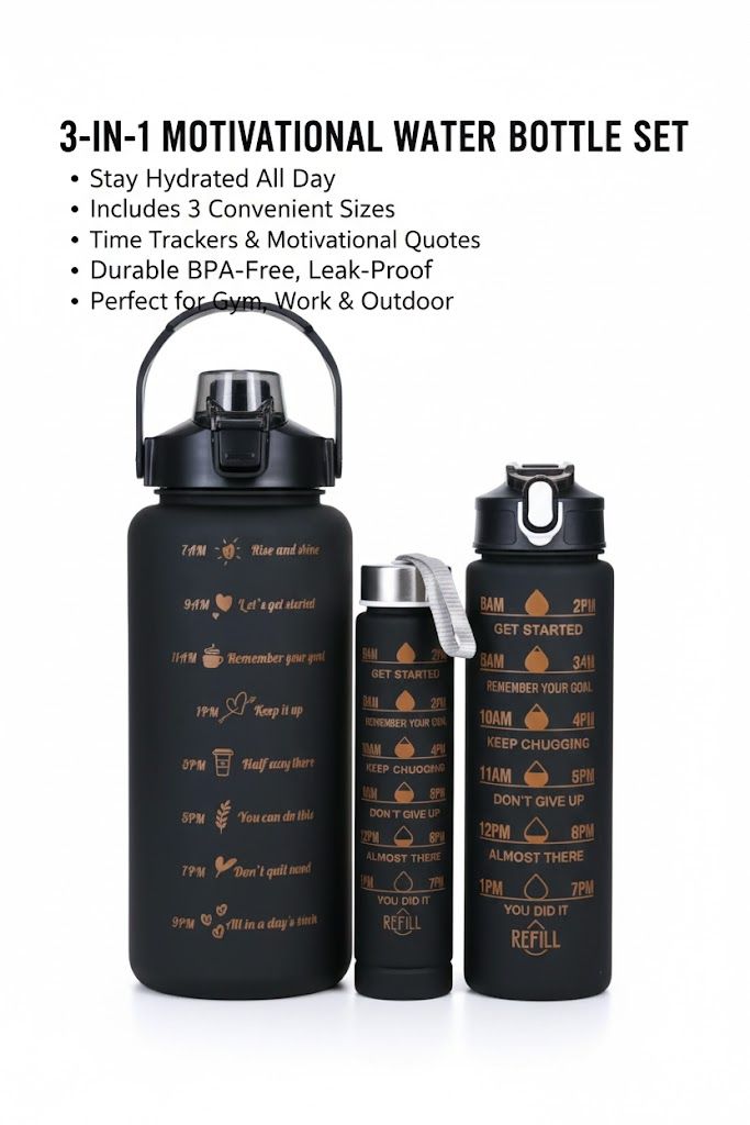 3-in-1 Motivational Water Bottle Sports Bottle with  Time Marker for Gym & Fitness Leak-Proof