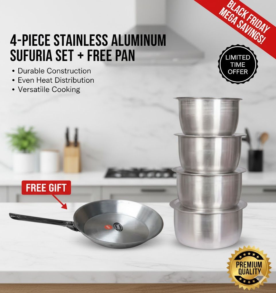 Sufuria 4Pcs Set Of Stainless Aluminum Size 1 2 3 4 plus free frying pan -without Lids