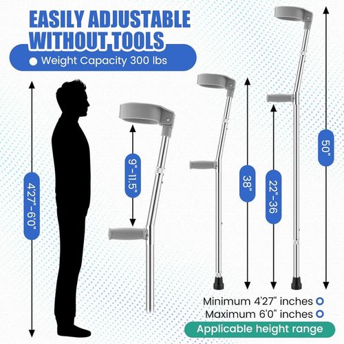 1 Pair Forearm/elbow Crutches for Adults Aluminum Adult Crutches Gray Adjustable Crutches for Men Women, 300 Lb. Weight Capacity, Height Adjustment
