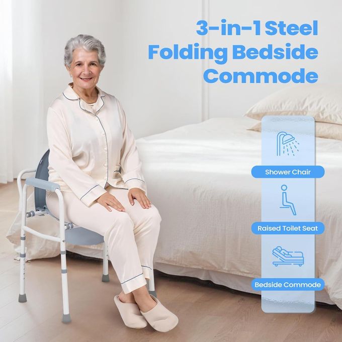 Folding Steel Commode Toilet Chair with Durable Plastic Armrests for Elderly, Disabled, and Homecare Use. Heavy-Duty Folding Steel Commode Toilet Chair with Comfortable Plastic Armrests and Stable Fra