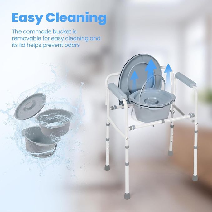 Folding Steel Commode Toilet Chair with Durable Plastic Armrests for Elderly, Disabled, and Homecare Use. Heavy-Duty Folding Steel Commode Toilet Chair with Comfortable Plastic Armrests and Stable Fra