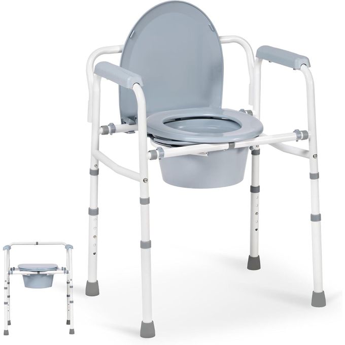Folding Steel Commode Toilet Chair with Durable Plastic Armrests for Elderly, Disabled, and Homecare Use. Heavy-Duty Folding Steel Commode Toilet Chair with Comfortable Plastic Armrests and Stable Fra
