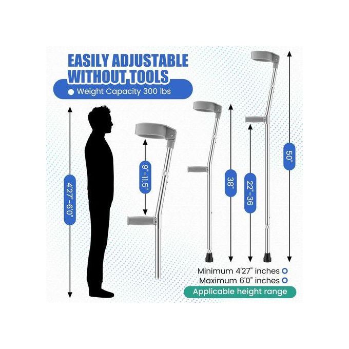 THE ADORNED ADJUSTABLE ELBOW CRUTCH / AN ADJUSTABLE FOREARM CRUTCH, AN ELBOW SUPPORT CRUTCH, OR A FOREARM MOBILITY AID. IT MAY BE DESCRIBED AS A HEIGHT-ADJUSTABLE ARM CRUTCH