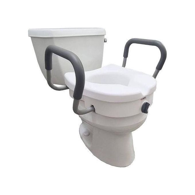 TOILET RAISER/ELEVATED TOILET SEAT WITH PADDED AR.MS. ELEVATED TOILET SEAT WITH PADDED ARM SUPPORTS. TOILET HEIGHT RAISER WITH CUSHIONED ARMS. PADDED ARM TOILET SEAT RISER. ORTHOPEDIC TOILET RAISE SEA