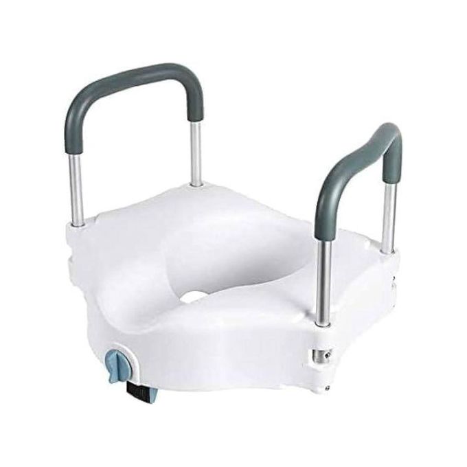 TOILET RAISER/ELEVATED TOILET SEAT WITH PADDED AR.MS. ELEVATED TOILET SEAT WITH PADDED ARM SUPPORTS. TOILET HEIGHT RAISER WITH CUSHIONED ARMS. PADDED ARM TOILET SEAT RISER. ORTHOPEDIC TOILET RAISE SEA