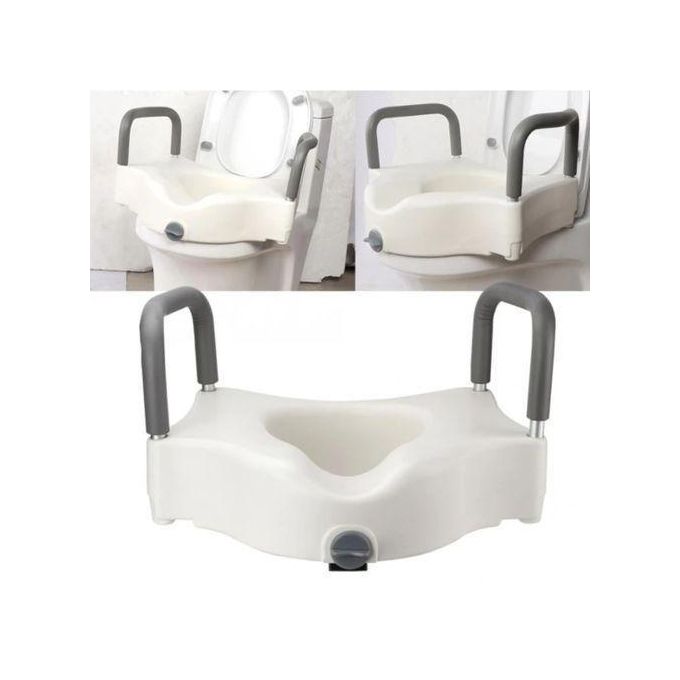 TOILET RAISER/ELEVATED TOILET SEAT WITH PADDED AR.MS. ELEVATED TOILET SEAT WITH PADDED ARM SUPPORTS. TOILET HEIGHT RAISER WITH CUSHIONED ARMS. PADDED ARM TOILET SEAT RISER. ORTHOPEDIC TOILET RAISE SEA