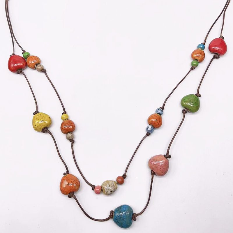 Colorful ceramic bead necklace Fashion retro new Chinese personality long double-layer necklace