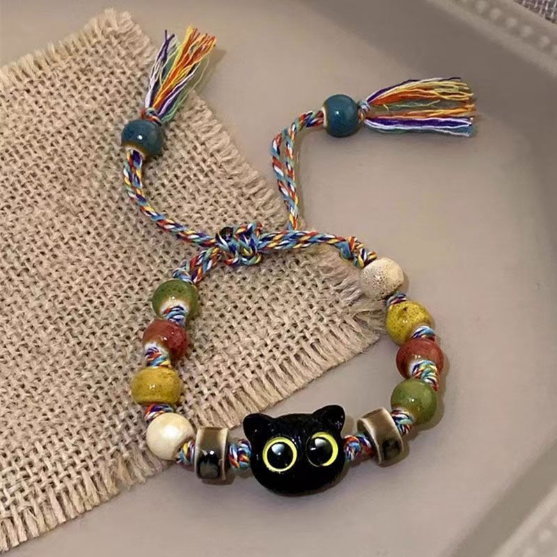 Cute cat ceramic braided rope bracelet female niche design sense sweet cool Chinese romantic su color string bracelet