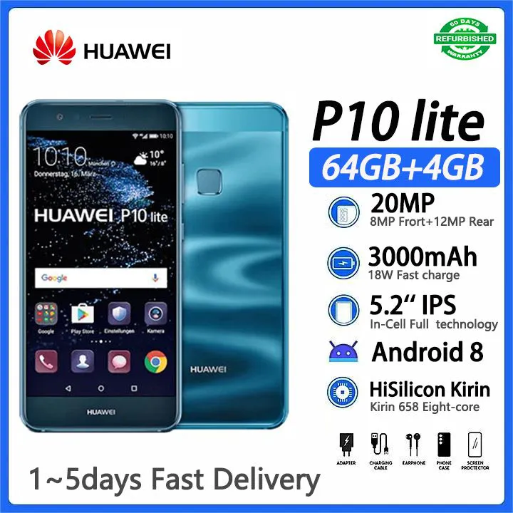 Refurbished Huawei P10 Lite (nova Lite)4GB+64GB Smart Phone HiSilicon Kirin 658  5.2 inches 2G/3G/4G LTE Dual SIM card 3000mAh 12MP+8MP