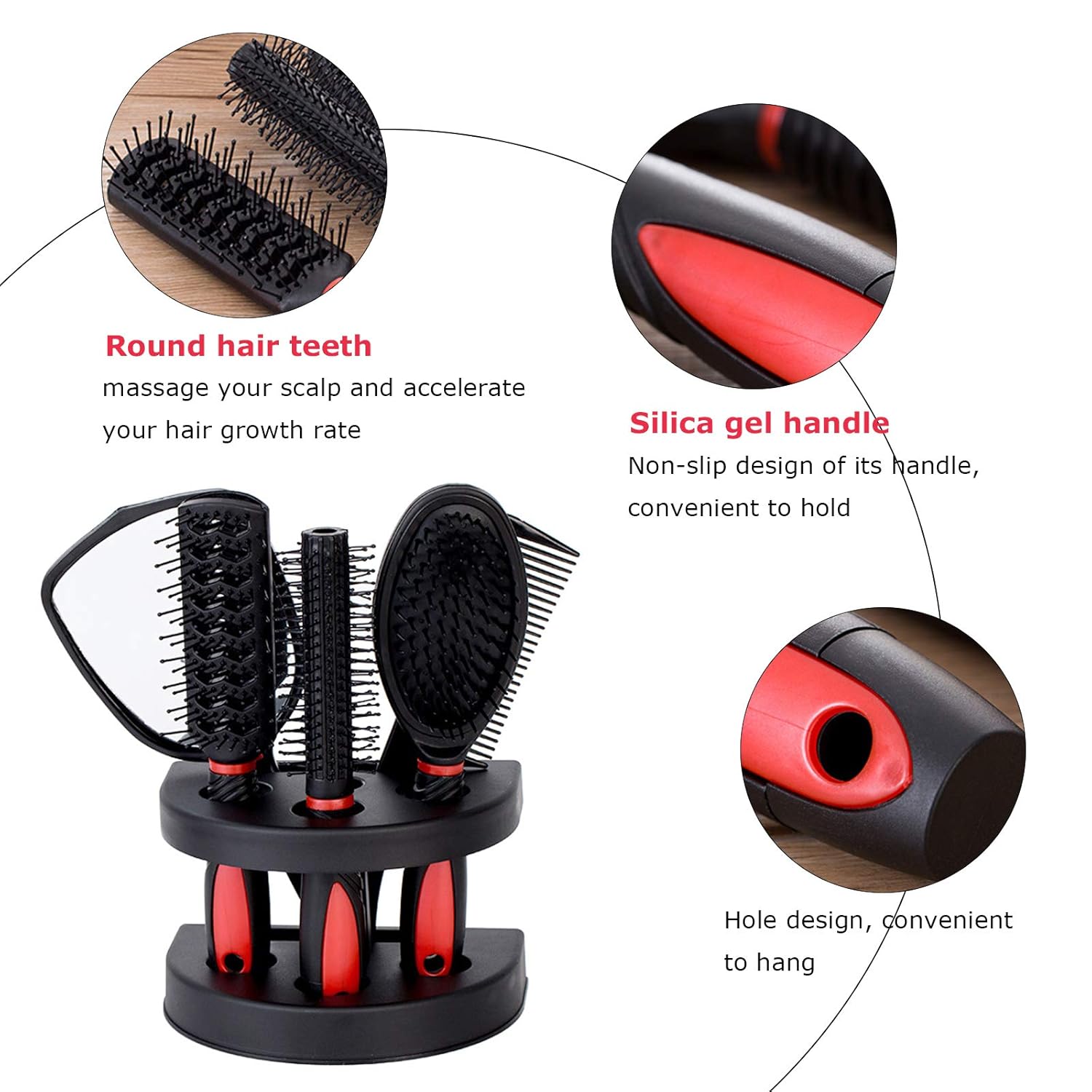 New arrival 5pcs Hair Comb Set Professional Salon Cutting Brushes Sets Comb Hair Brush Styling Tools Mirror And Holder Stand Set