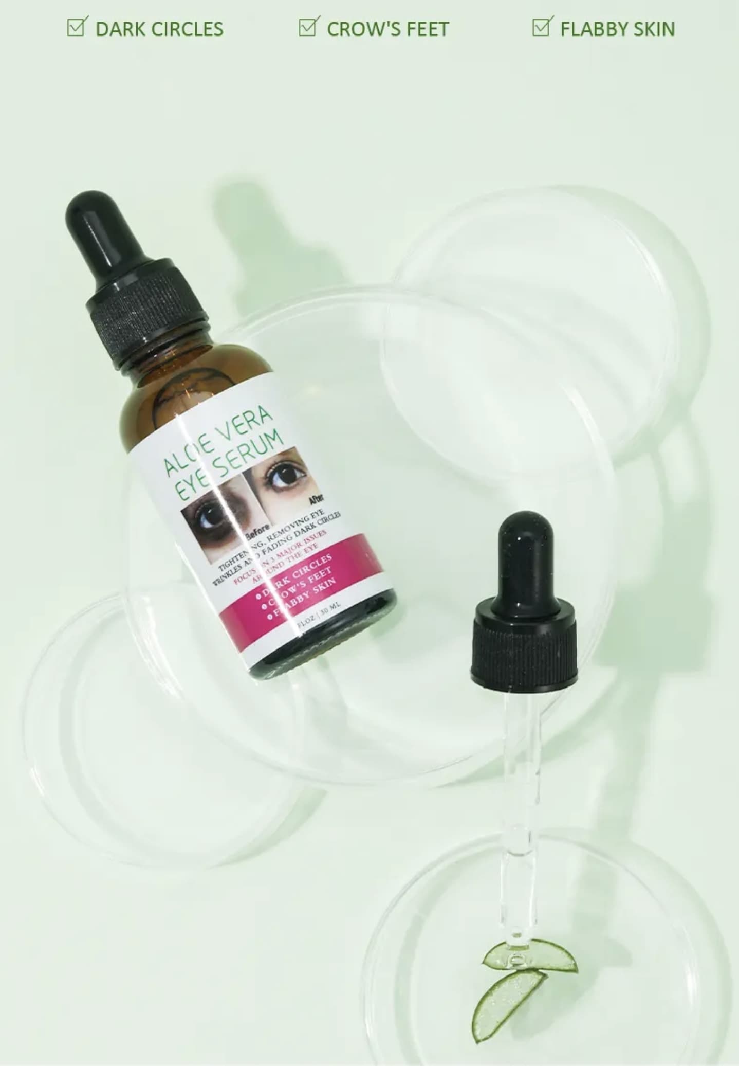 New arrival Dark circle treatment with aloe vera eye serum works tirelessly to reduce puffiness and diminish the appearance of dark circles, leaving you looking refreshed and revitalized 30ml