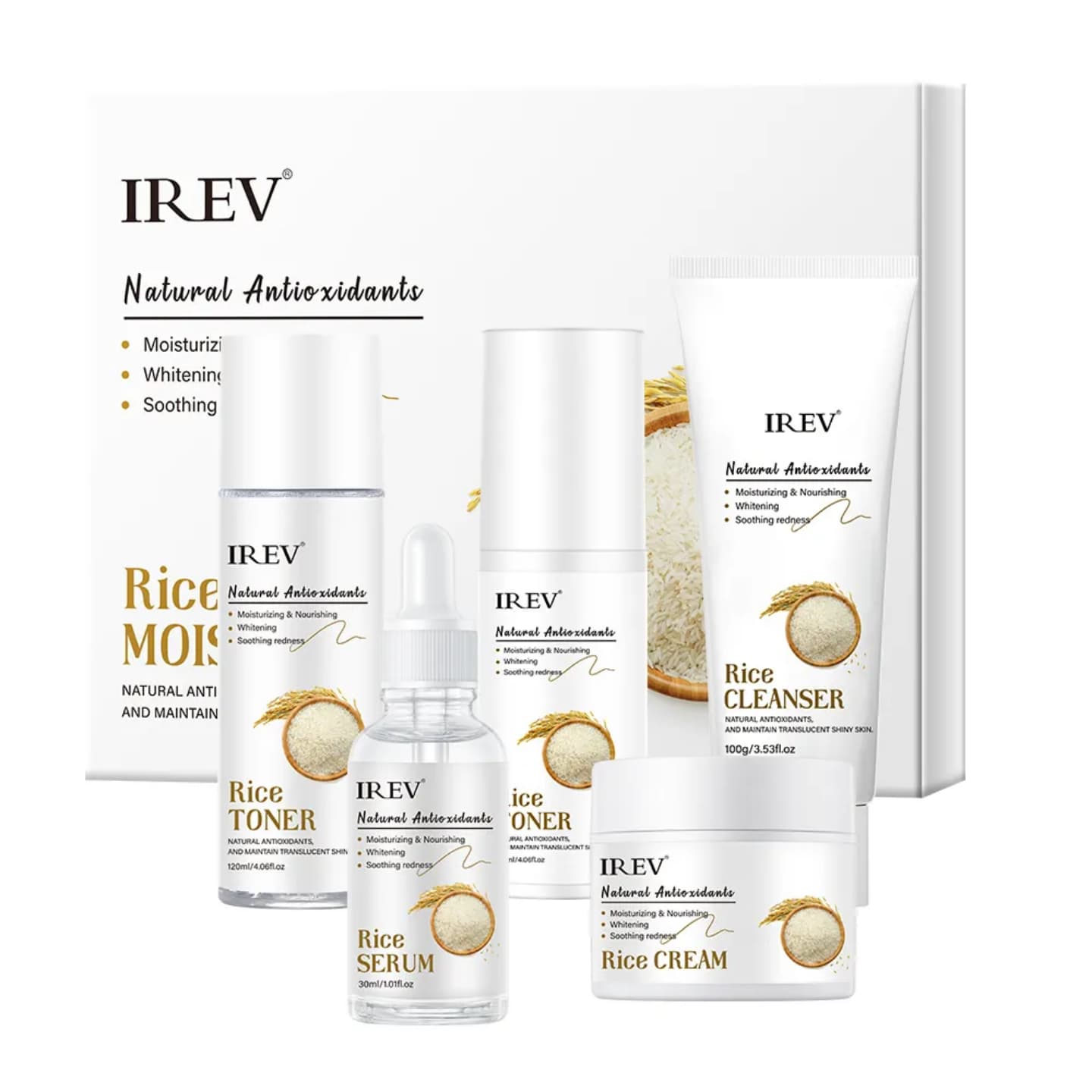 New arrivals 5 pack Deep Moisturizing Nourishing Moisturizer, anti-wrinkle, Anti-aging, Whitening Firming fermented Rice Original Face skin care set contains Serum, lotion, cleanser, cream and toner