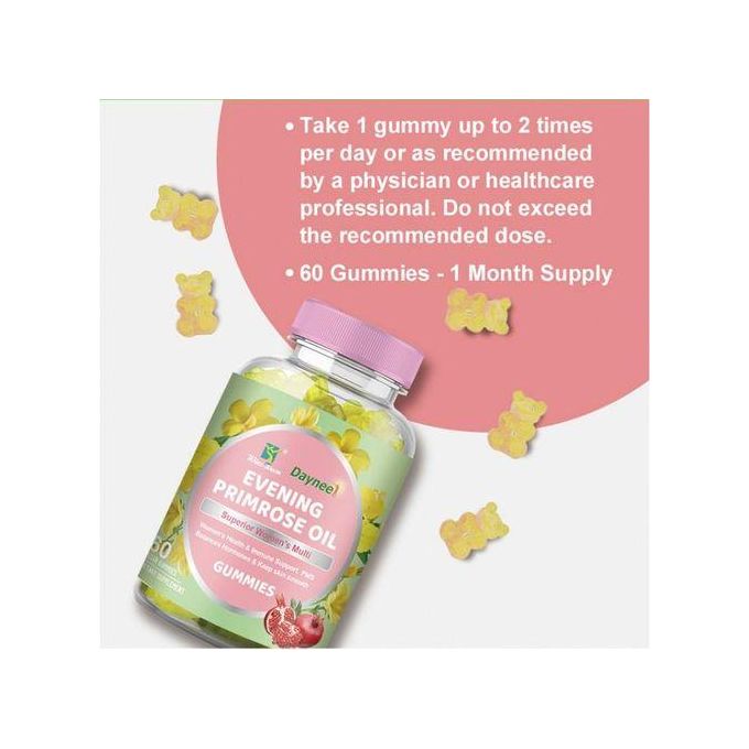 Daynee Evening Primrose Oil Gummies Balance hormones & ease PMS/menopause symptoms Promote radiant, acne-free skin Support heart health & reduce inflammation Boost hair strength & reduce hair loss