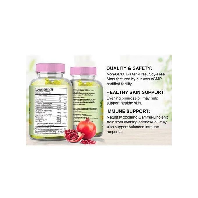 Daynee Evening Primrose Oil Gummies Balance hormones & ease PMS/menopause symptoms Promote radiant, acne-free skin Support heart health & reduce inflammation Boost hair strength & reduce hair loss