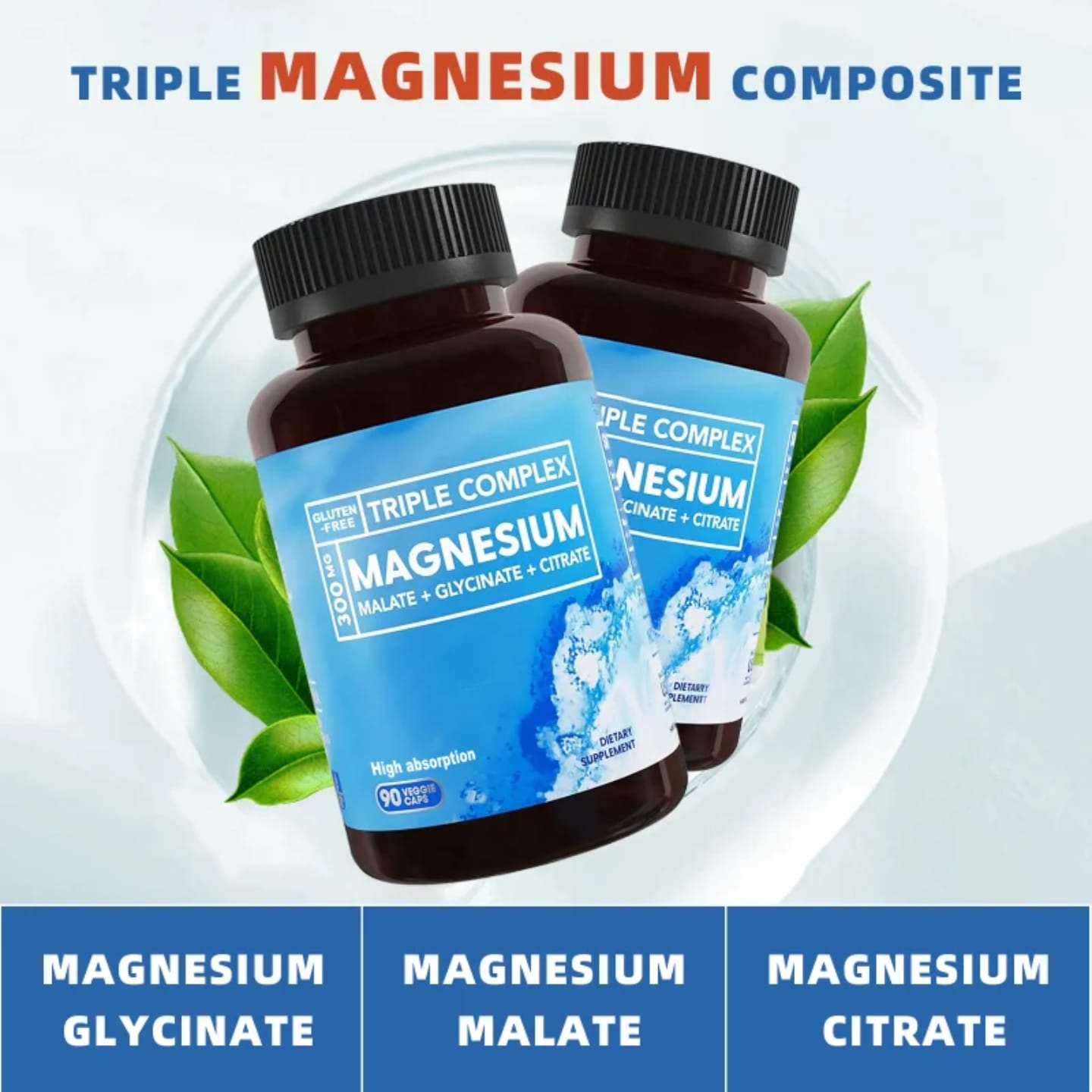 300mg Triple Complex Magnesium Malate + Citrate + Glycinate | High Absorption | 90 Vegan Caps | Dietary Supplement for Muscle, Nerve & Energy Support | Kilimall Kenya