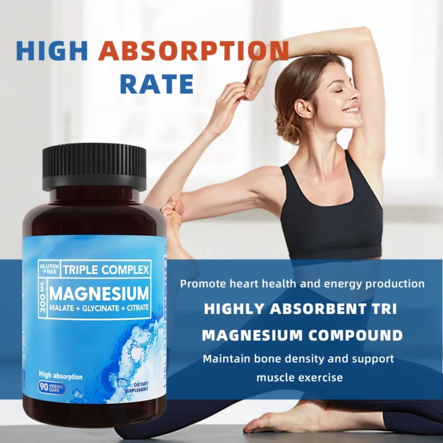 300mg Triple Complex Magnesium Malate + Citrate + Glycinate | High Absorption | 90 Vegan Caps | Dietary Supplement for Muscle, Nerve & Energy Support | Kilimall Kenya