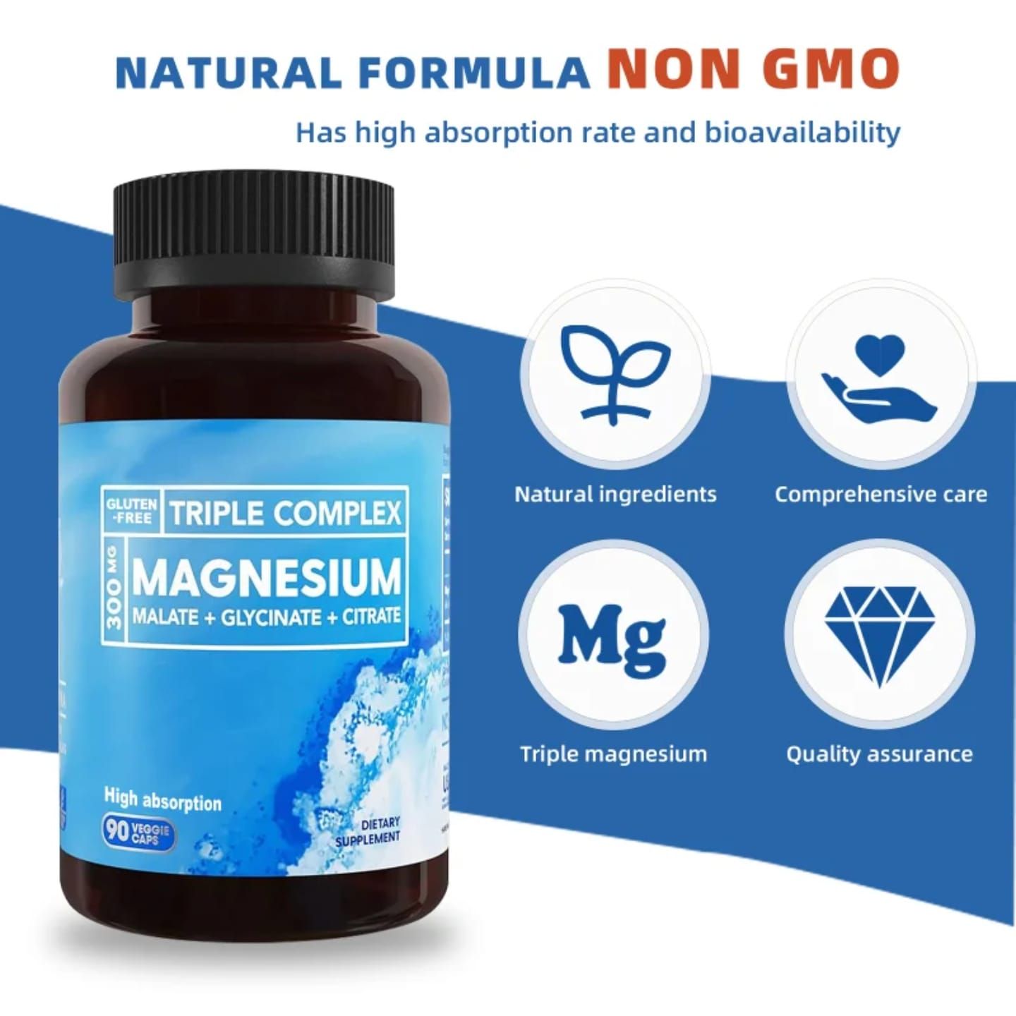 300mg Triple Complex Magnesium Malate + Citrate + Glycinate | High Absorption | 90 Vegan Caps | Dietary Supplement for Muscle, Nerve & Energy Support | Kilimall Kenya