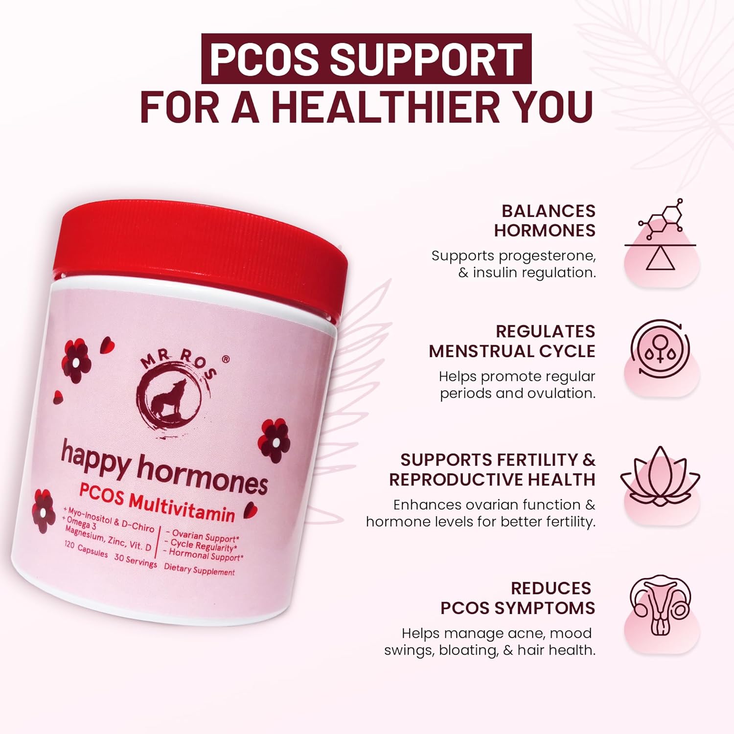 Happy Hormones PCOS Support Multivitamin - 120 Capsules | Myo-Inositol, Chromium, Vitamin D | Hormonal Balance & Ovulation Support for Women