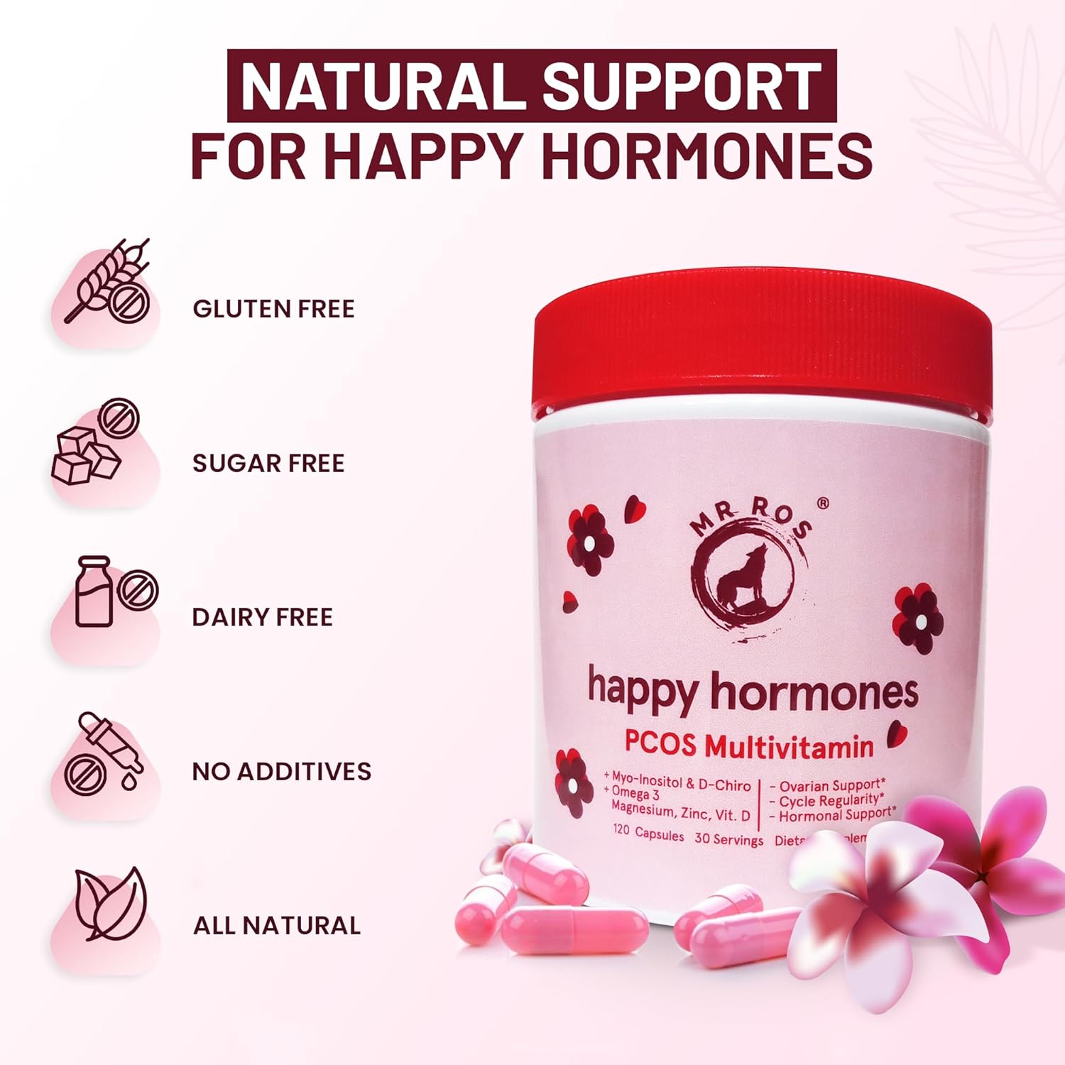 Happy Hormones PCOS Support Multivitamin - 120 Capsules | Myo-Inositol, Chromium, Vitamin D | Hormonal Balance & Ovulation Support for Women