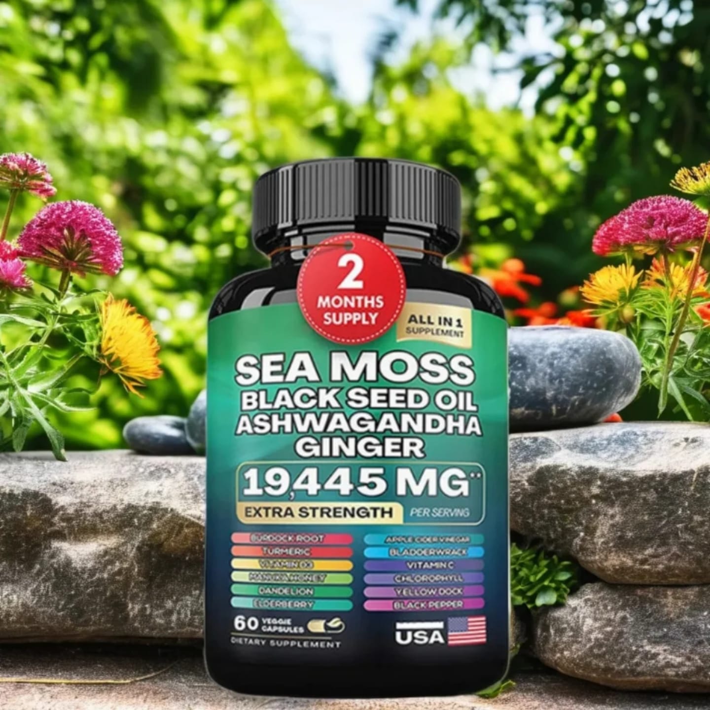 Extra Strength Sea Moss 19445mg with Black Seed Oil, Ashwagandha & Ginger - 60 Capsules for Immunity, Energy & Vitality