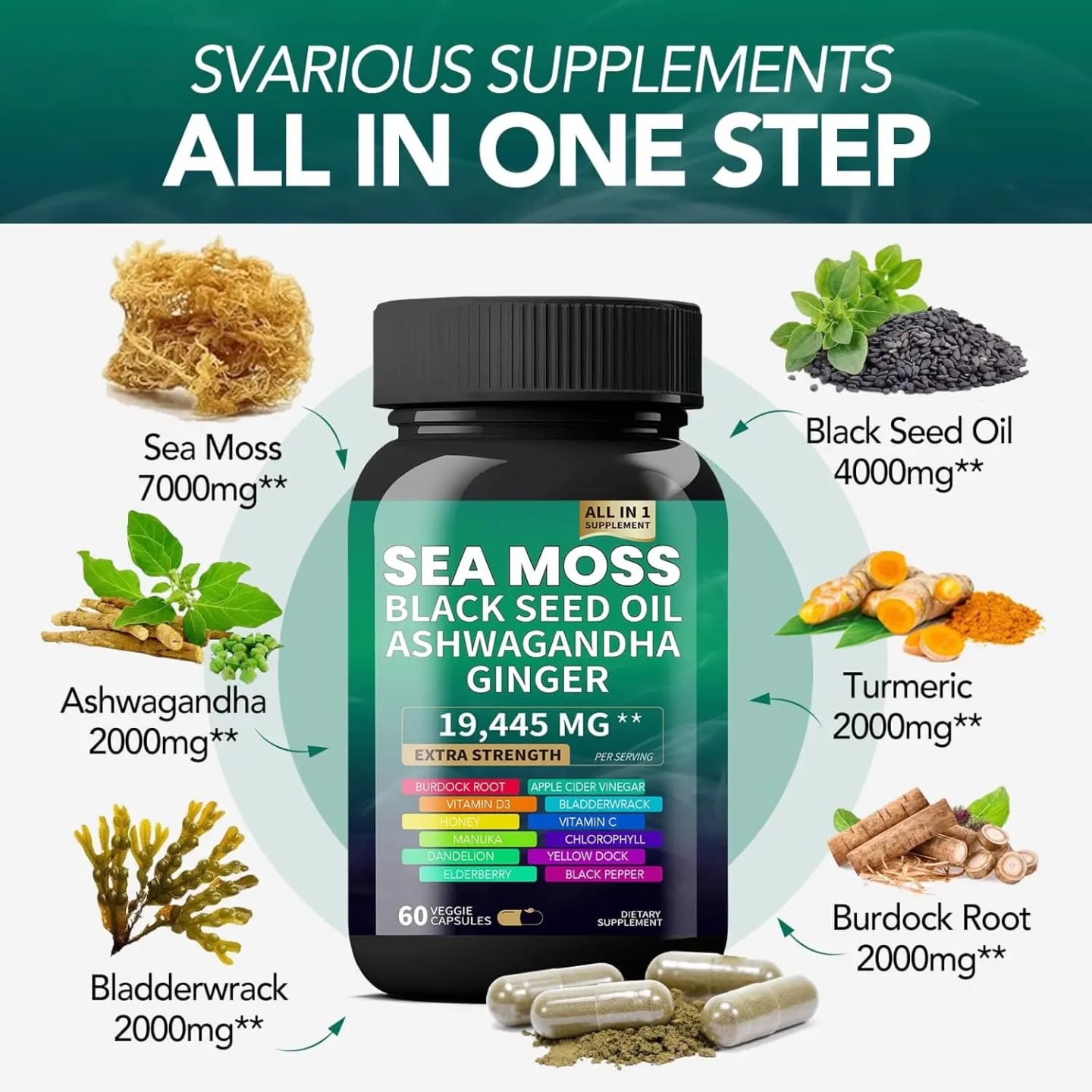 Extra Strength Sea Moss 19445mg with Black Seed Oil, Ashwagandha & Ginger - 60 Capsules for Immunity, Energy & Vitality