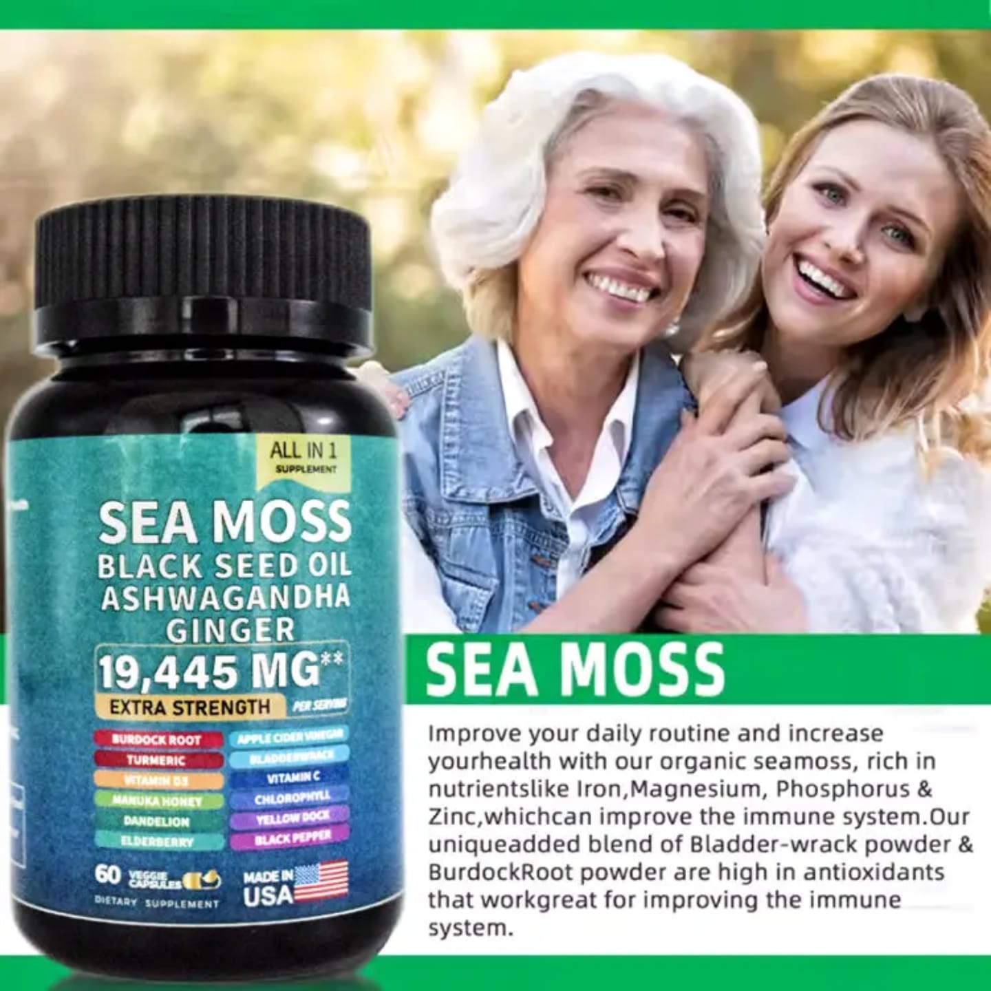 Extra Strength Sea Moss 19445mg with Black Seed Oil, Ashwagandha & Ginger - 60 Capsules for Immunity, Energy & Vitality