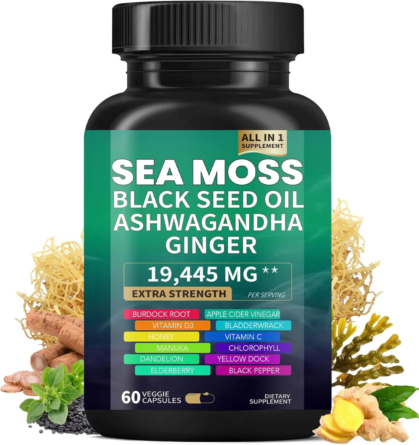 Extra Strength Sea Moss 19445mg with Black Seed Oil, Ashwagandha & Ginger - 60 Capsules for Immunity, Energy & Vitality