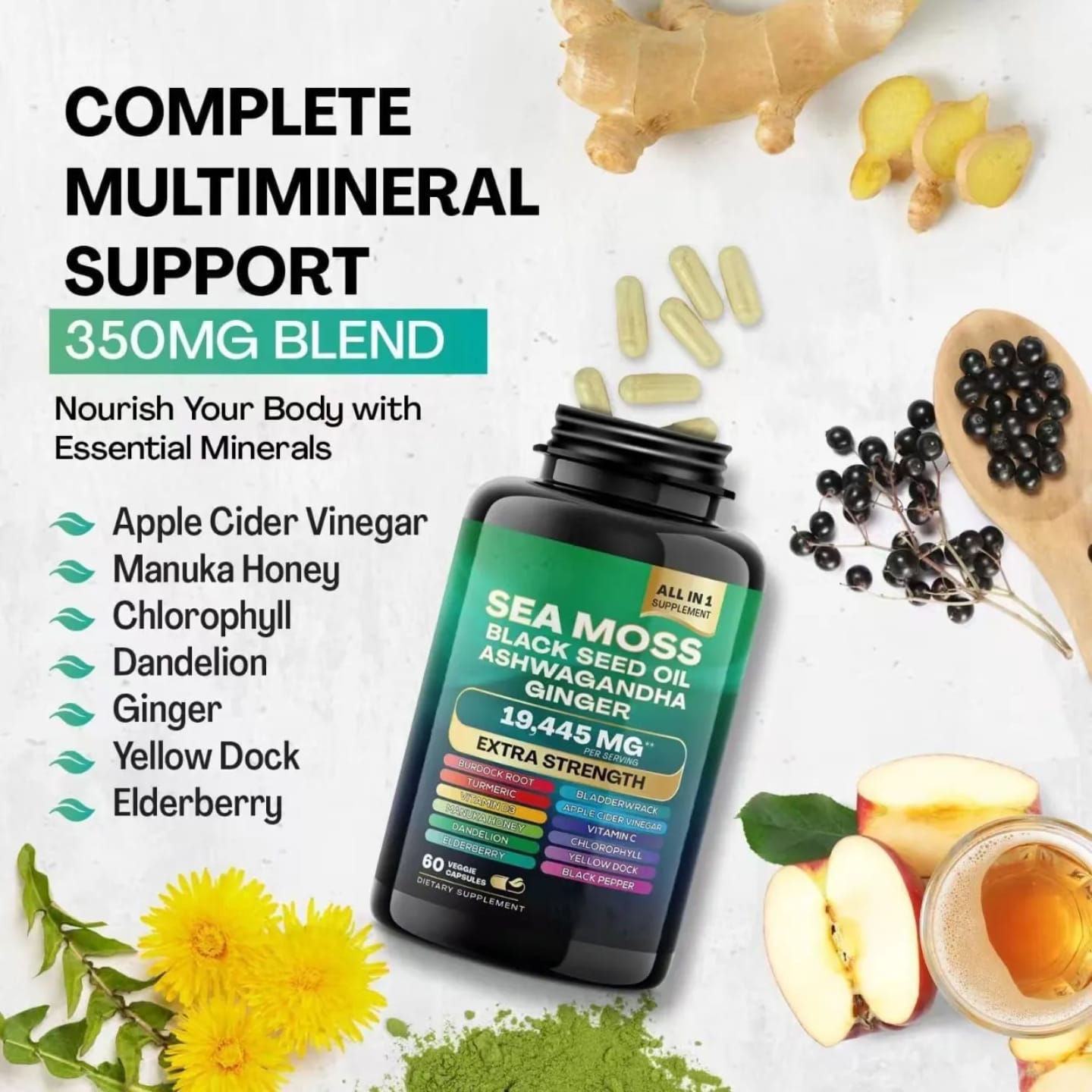 Extra Strength Sea Moss 19445mg with Black Seed Oil, Ashwagandha & Ginger - 60 Capsules for Immunity, Energy & Vitality