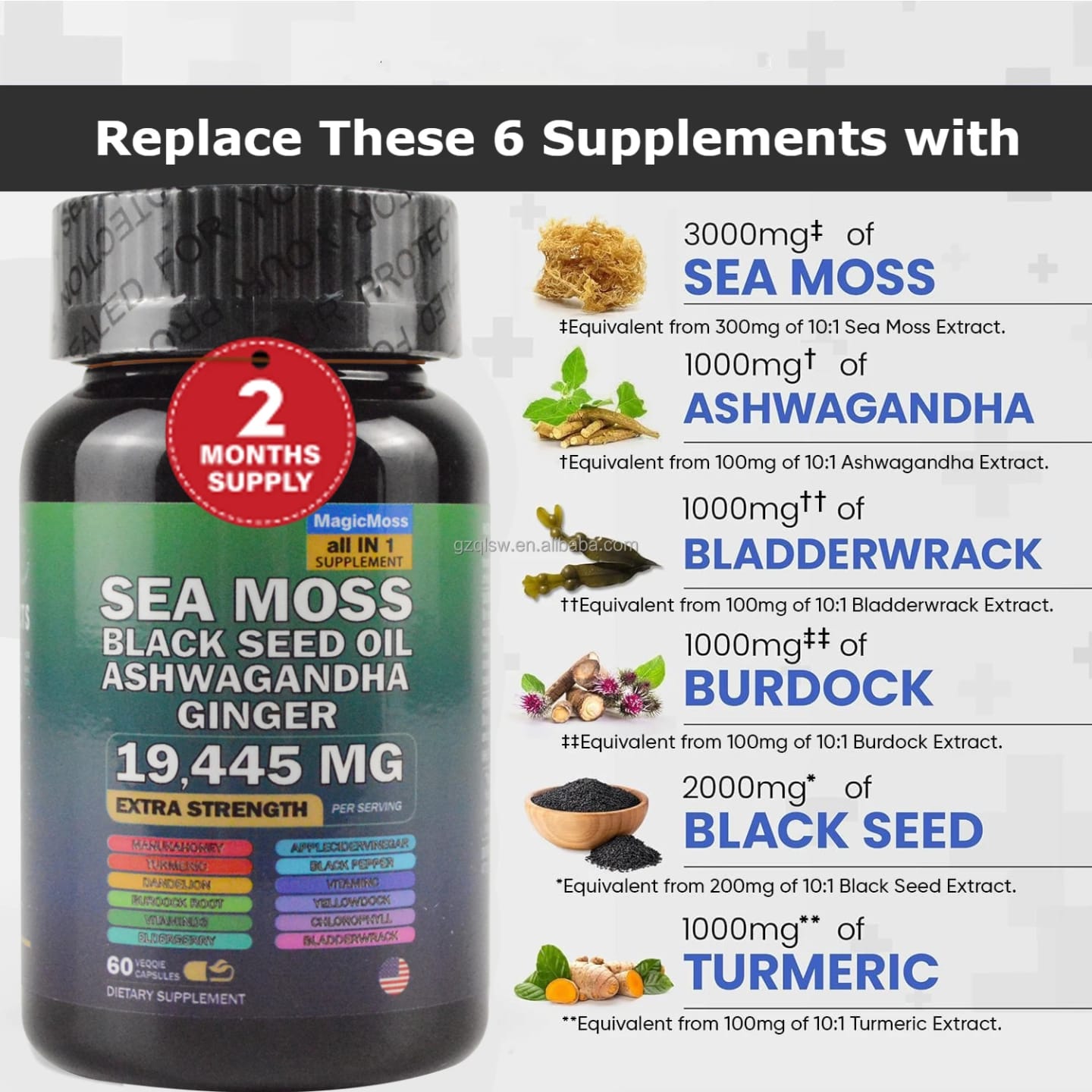 Extra Strength Sea Moss 19445mg with Black Seed Oil, Ashwagandha & Ginger - 60 Capsules for Immunity, Energy & Vitality