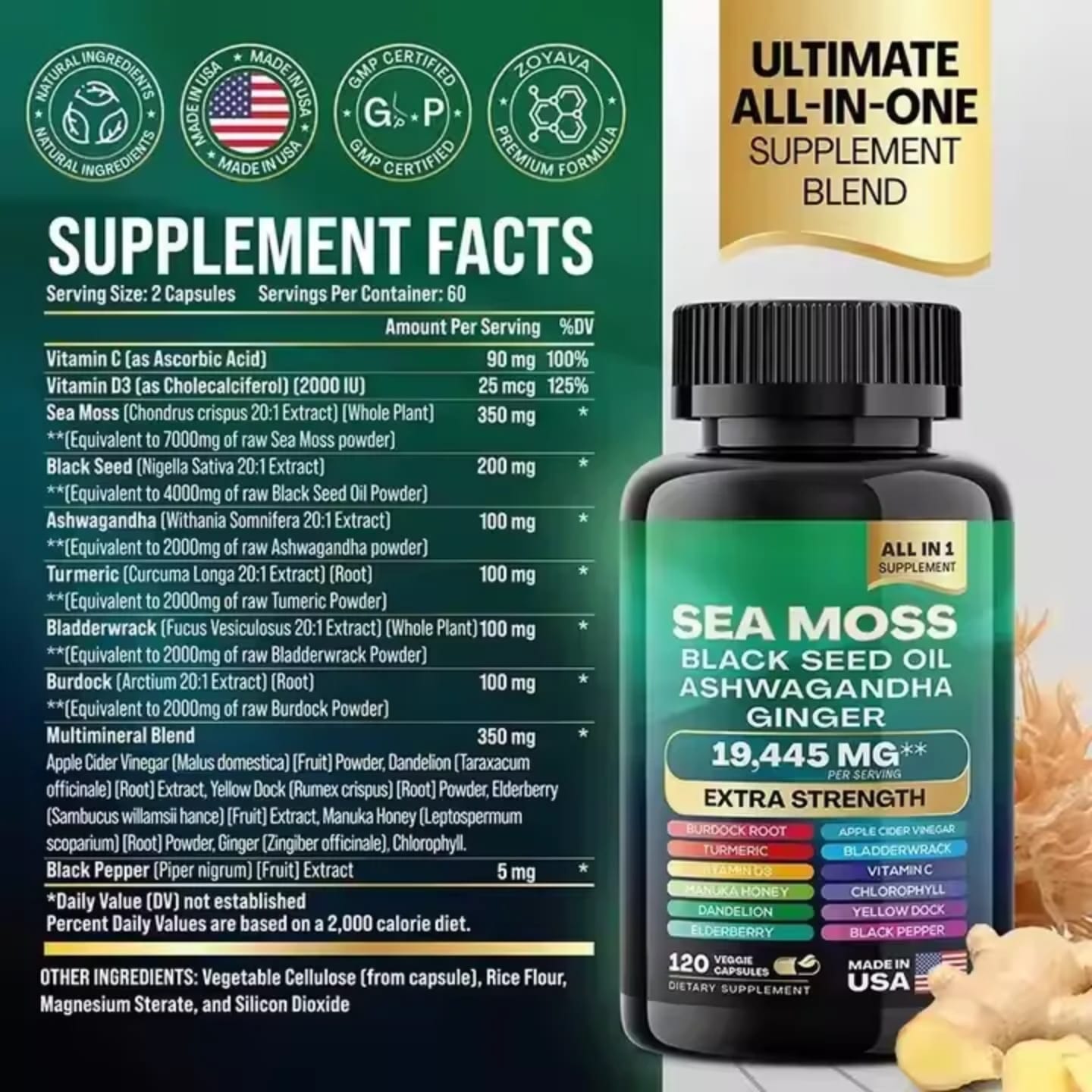 Extra Strength Sea Moss 19445mg with Black Seed Oil, Ashwagandha & Ginger - 60 Capsules for Immunity, Energy & Vitality