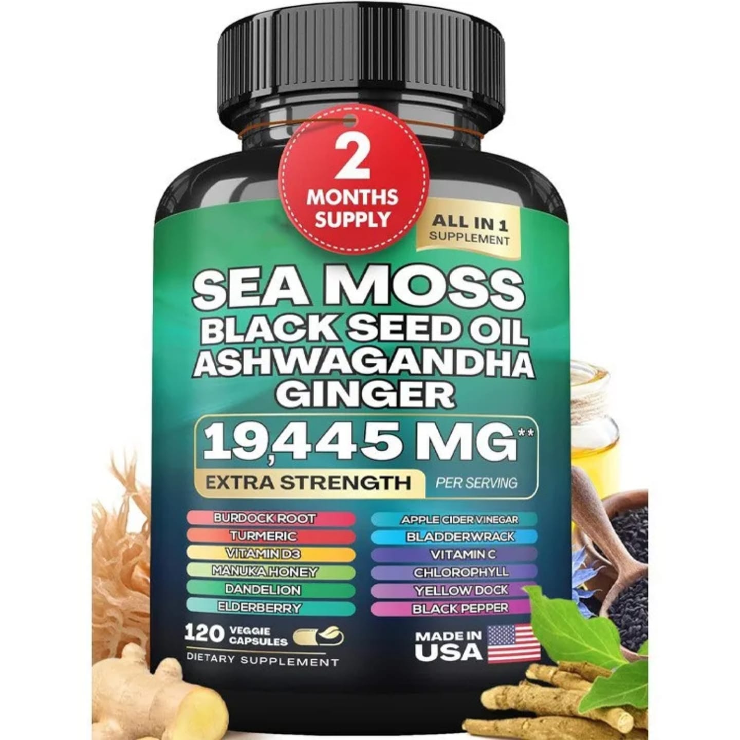 Extra Strength Sea Moss 19445mg with Black Seed Oil, Ashwagandha & Ginger - 60 Capsules for Immunity, Energy & Vitality