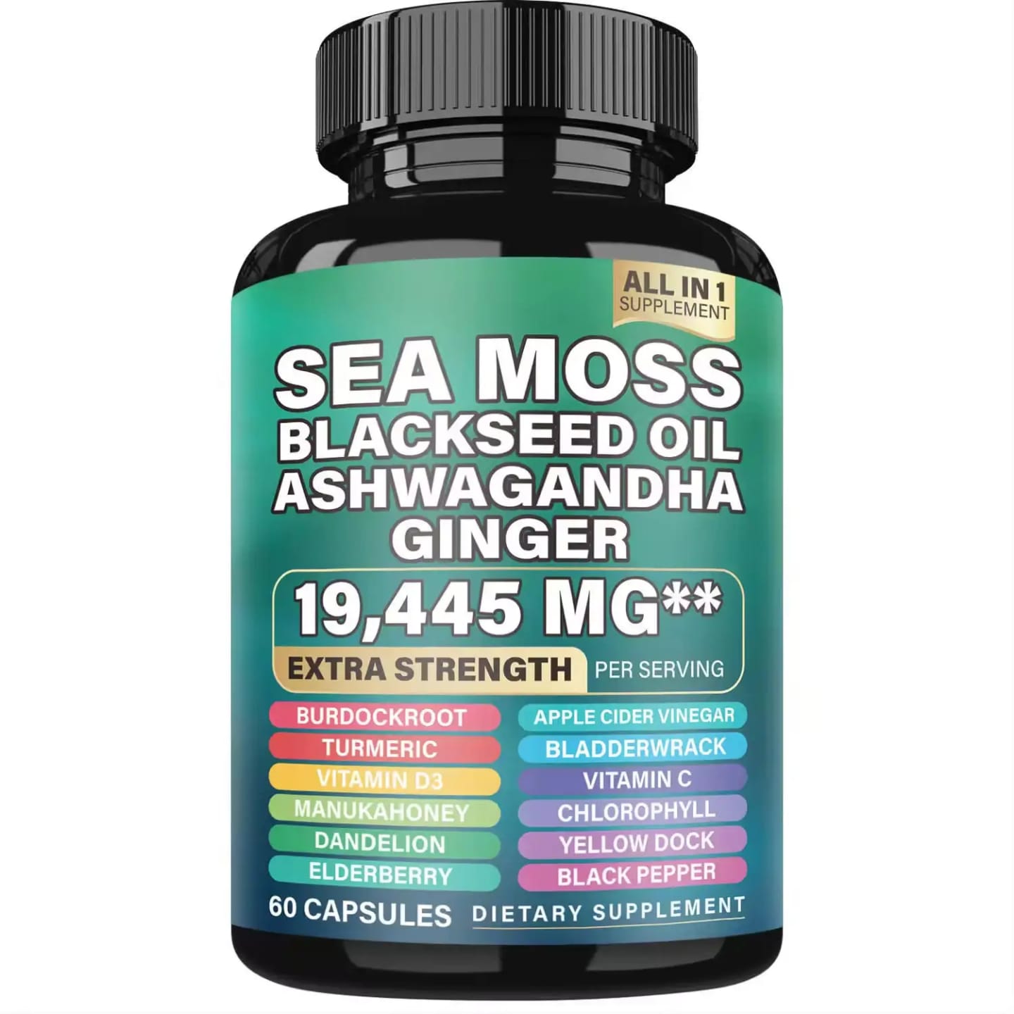 Extra Strength Sea Moss 19445mg with Black Seed Oil, Ashwagandha & Ginger - 60 Capsules for Immunity, Energy & Vitality