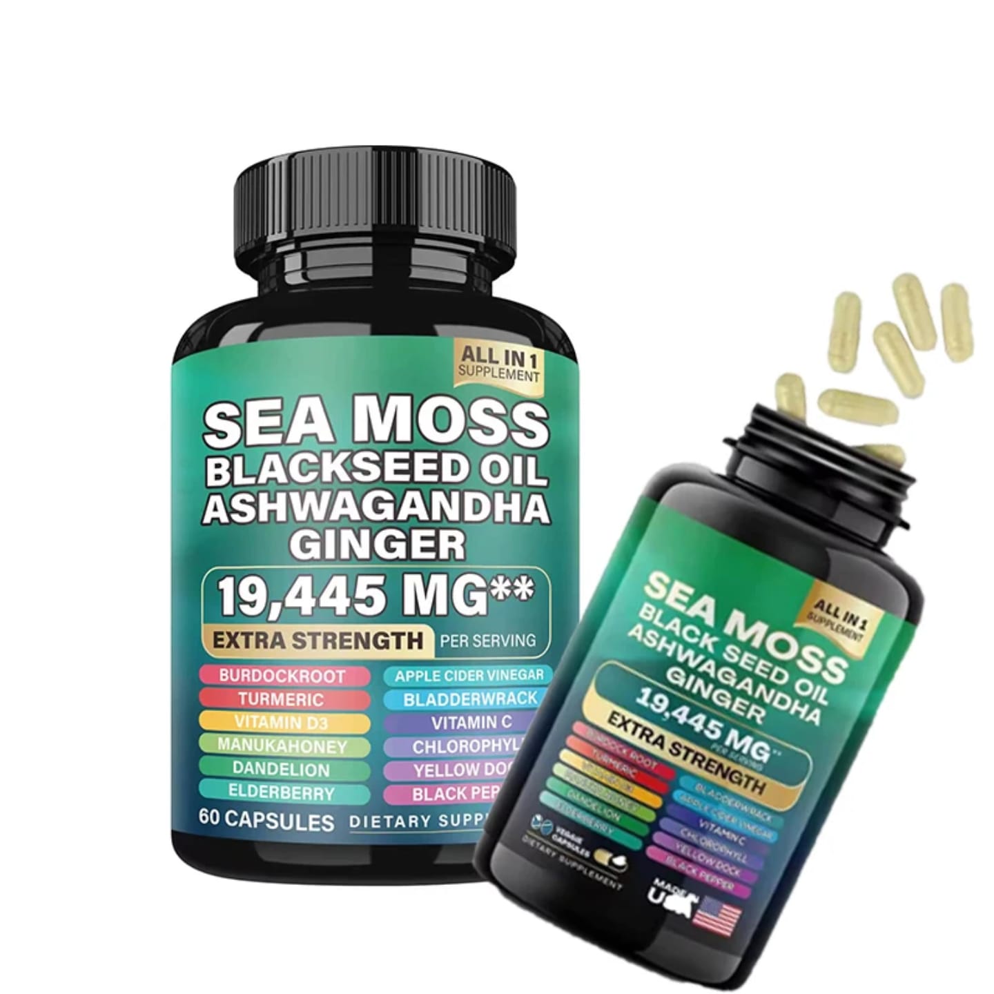 Extra Strength Sea Moss 19445mg with Black Seed Oil, Ashwagandha & Ginger - 60 Capsules for Immunity, Energy & Vitality