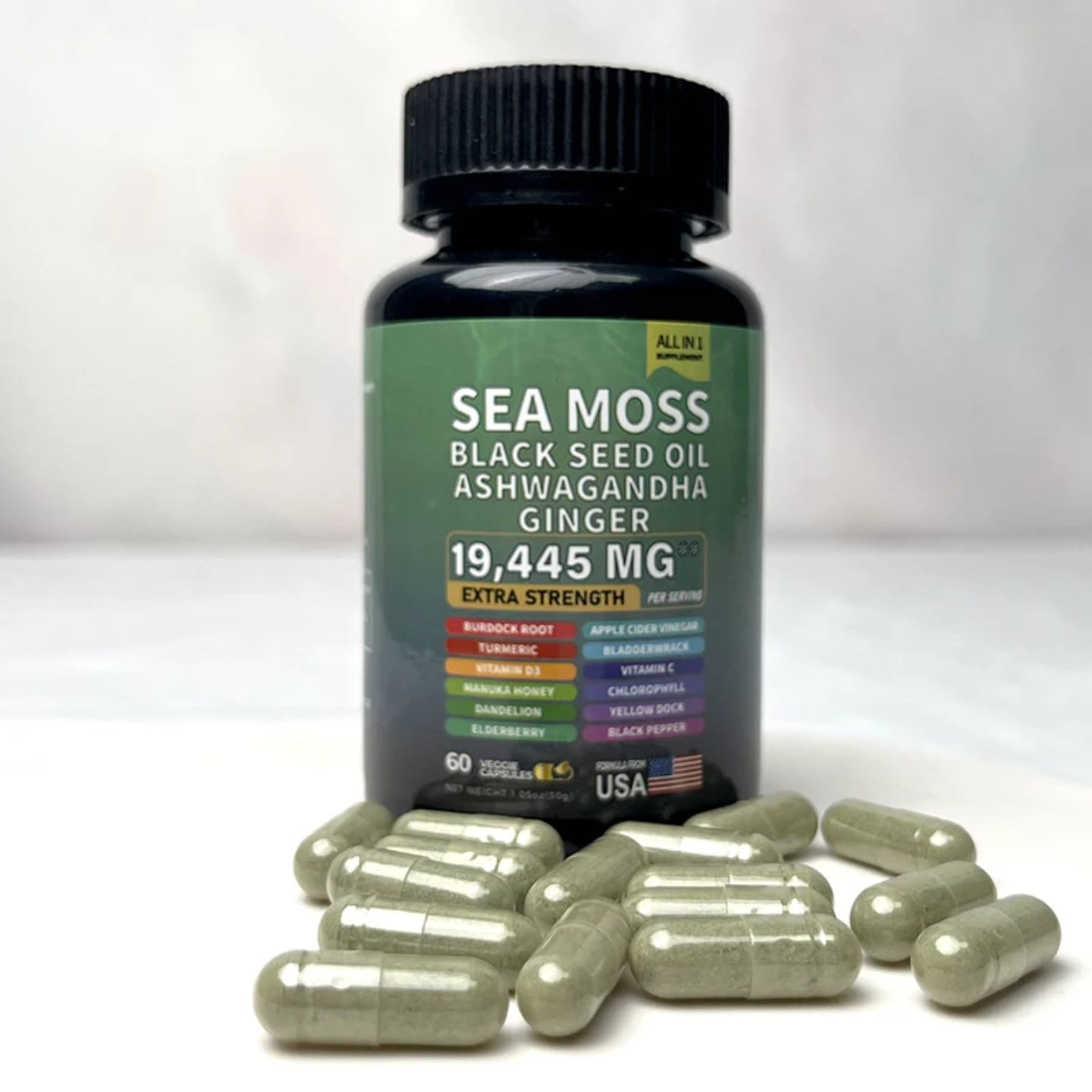 Extra Strength Sea Moss 19445mg with Black Seed Oil, Ashwagandha & Ginger - 60 Capsules for Immunity, Energy & Vitality