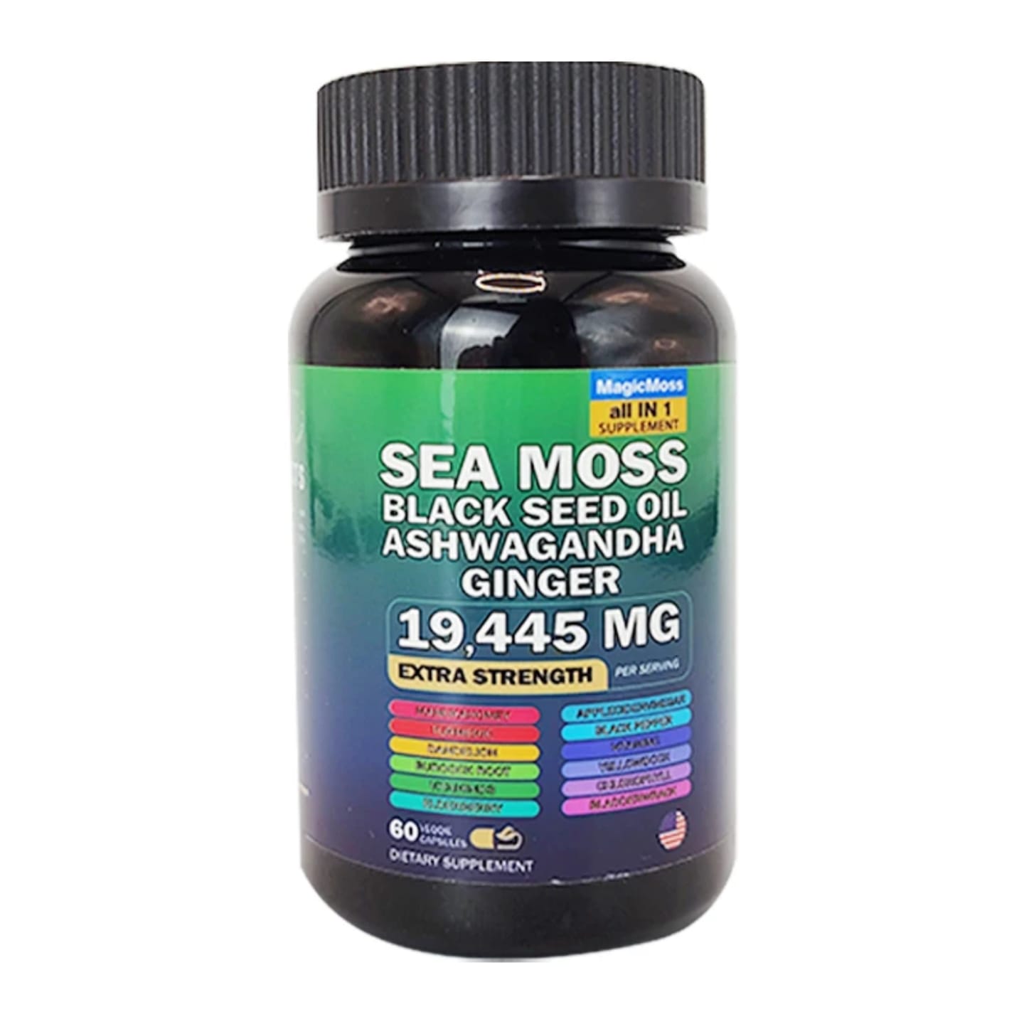 Extra Strength Sea Moss 19445mg with Black Seed Oil, Ashwagandha & Ginger - 60 Capsules for Immunity, Energy & Vitality