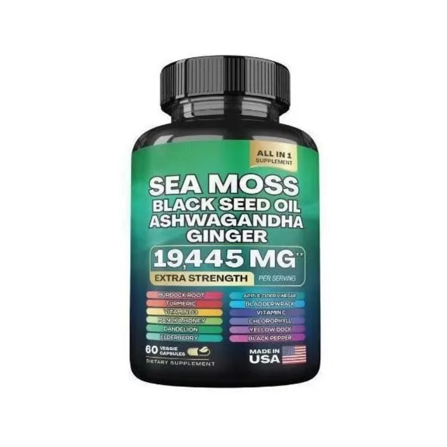 Extra Strength Sea Moss 19445mg with Black Seed Oil, Ashwagandha & Ginger - 60 Capsules for Immunity, Energy & Vitality