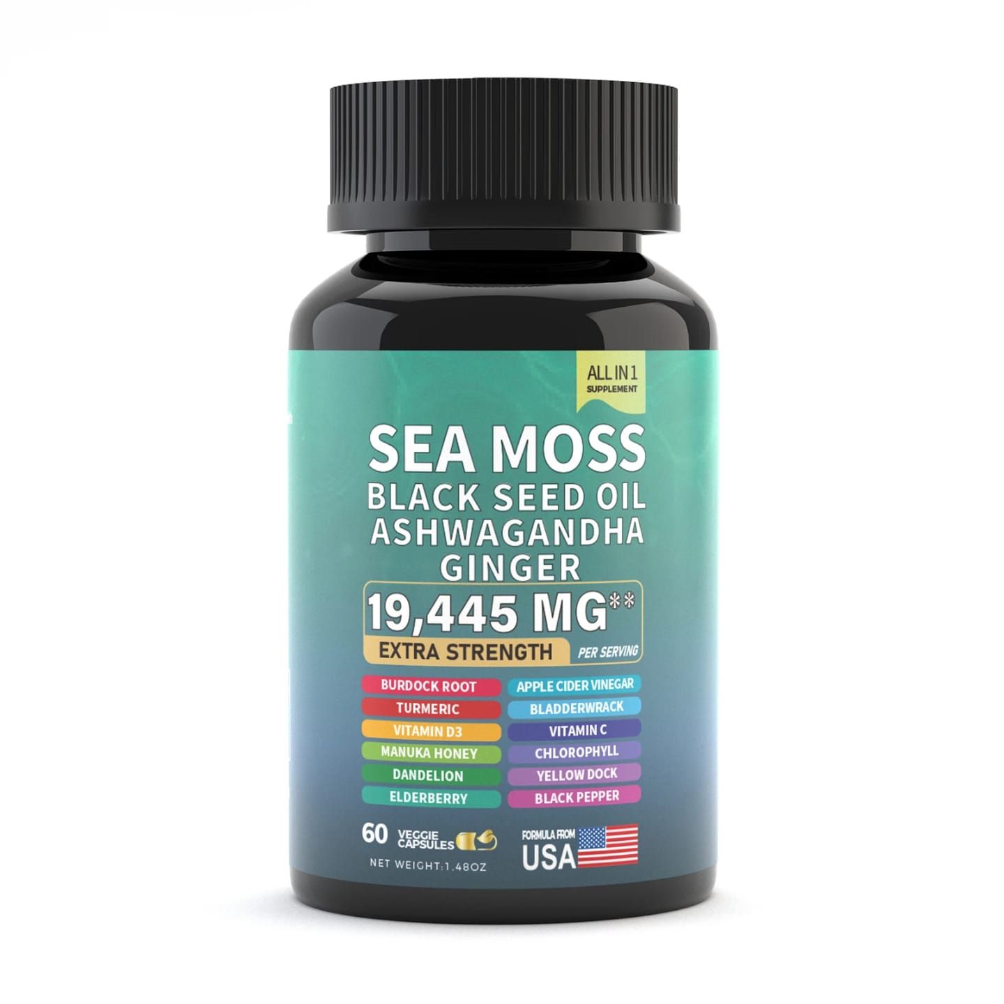 Extra Strength Sea Moss 19445mg with Black Seed Oil, Ashwagandha & Ginger - 60 Capsules for Immunity, Energy & Vitality