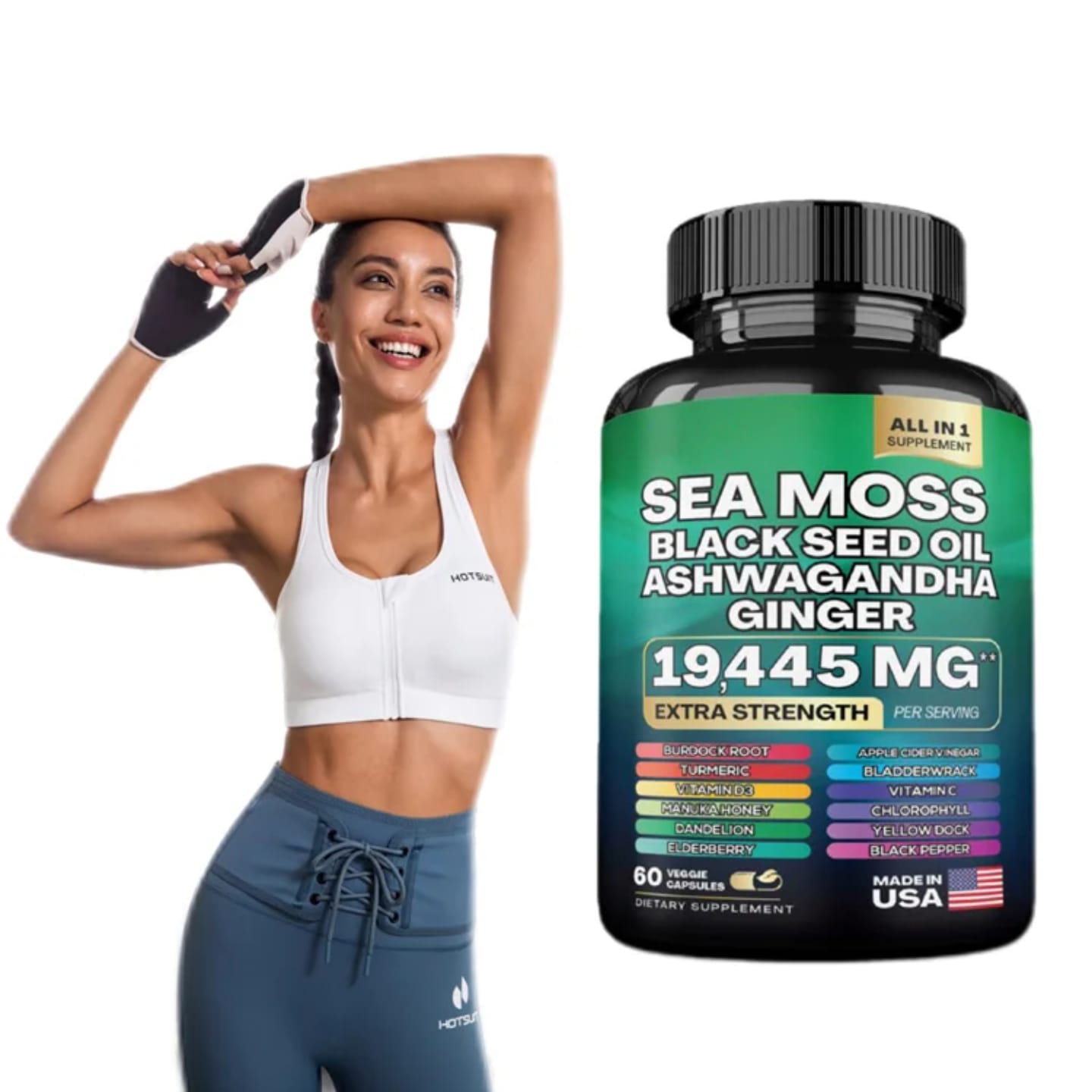 Extra Strength Sea Moss 19445mg with Black Seed Oil, Ashwagandha & Ginger - 60 Capsules for Immunity, Energy & Vitality
