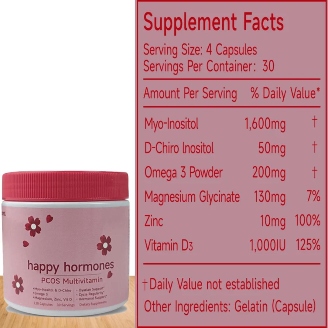 Happy Hormones PCOS Multivitamin, Hormonal Balance for Women, Myo-inositol and D-Chiro Inositol 40:1 Blend + Omega 3 + Vitamin D3 + Magnesium + Zinc - Hormonal Balance (120 capsules)