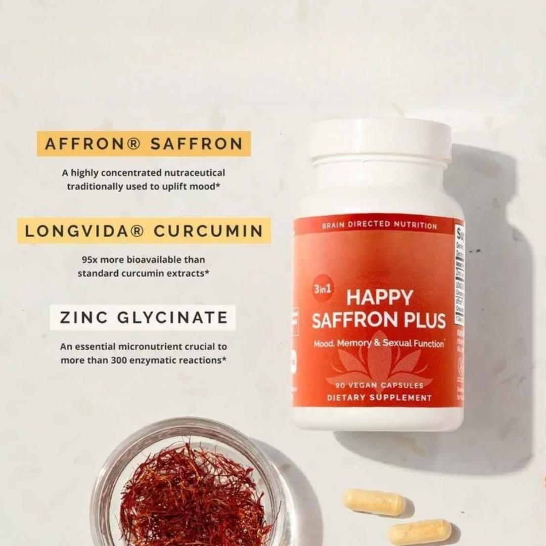 Happy Saffron Plus Capsules – Natural Mood Booster & Stress Relief Supplement | Enhances Focus, Emotional Balance, Energy & Sleep | Saffron, Curcumin & Ashwagandha Formula