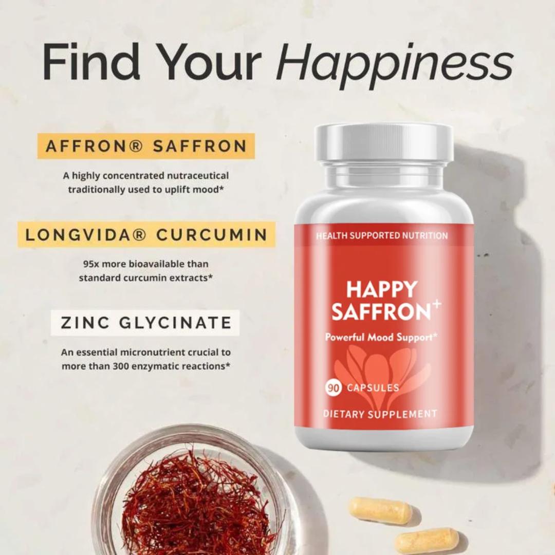 Happy Saffron Plus Capsules – Natural Mood Booster & Stress Relief Supplement | Enhances Focus, Emotional Balance, Energy & Sleep | Saffron, Curcumin & Ashwagandha Formula