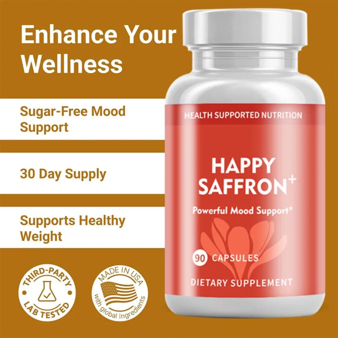 Happy Saffron Plus Capsules – Natural Mood Booster & Stress Relief Supplement | Enhances Focus, Emotional Balance, Energy & Sleep | Saffron, Curcumin & Ashwagandha Formula