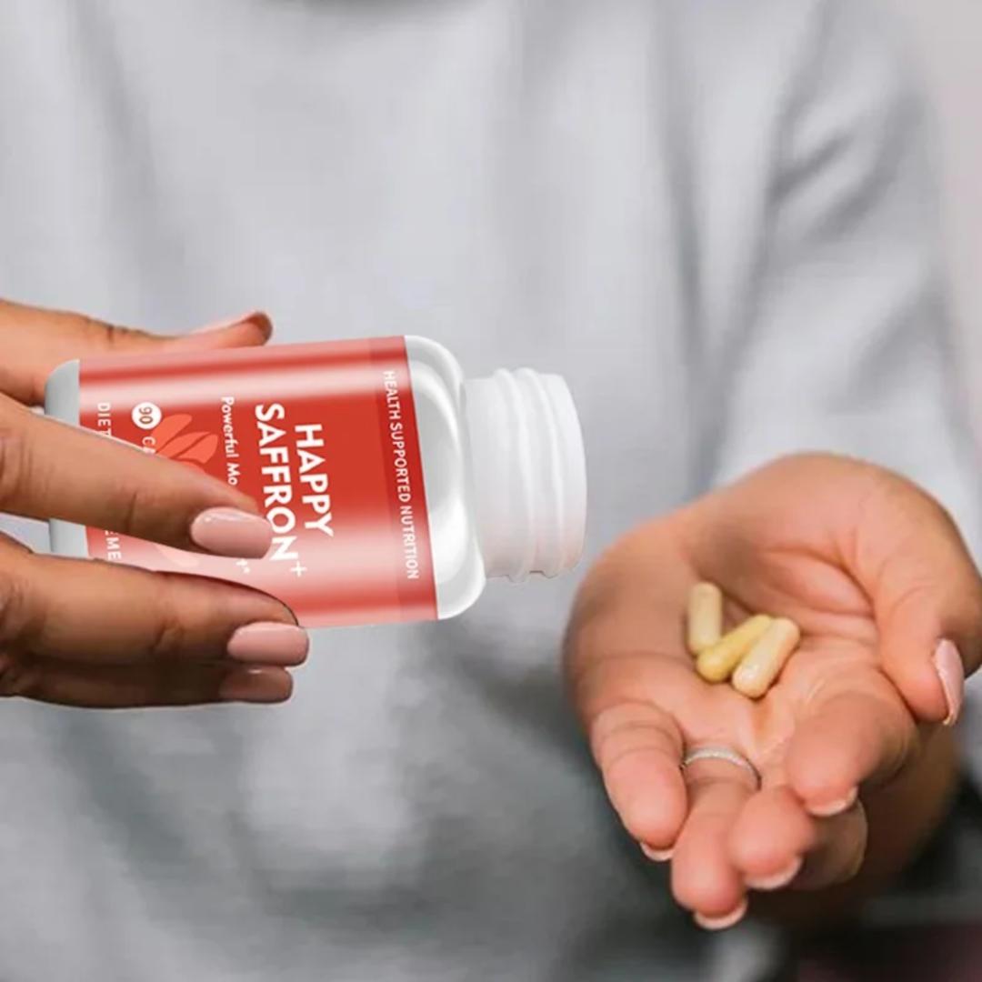 Happy Saffron Plus Capsules – Natural Mood Booster & Stress Relief Supplement | Enhances Focus, Emotional Balance, Energy & Sleep | Saffron, Curcumin & Ashwagandha Formula