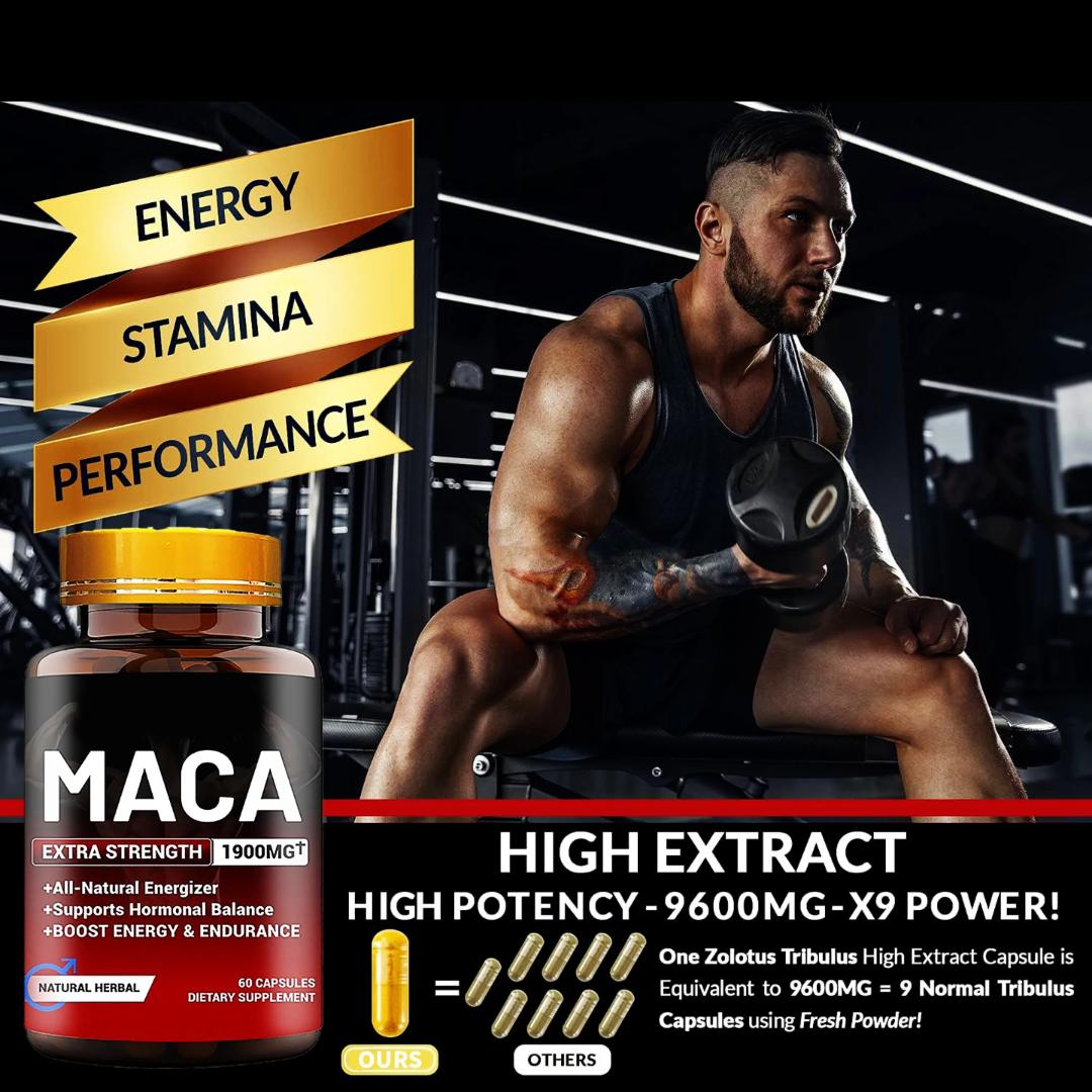 Maca Extra Strength 1900mg+ Capsules – Natural Energy, testosterone, Stamina & Libido Booster for Men & Women | Hormone Balance, Fertility & Performance Support | 100% Pure Peruvian Maca Root