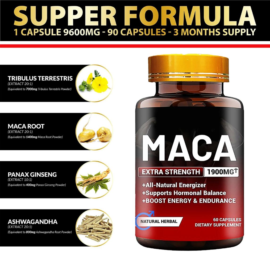 Maca Extra Strength 1900mg+ Capsules – Natural Energy, testosterone, Stamina & Libido Booster for Men & Women | Hormone Balance, Fertility & Performance Support | 100% Pure Peruvian Maca Root