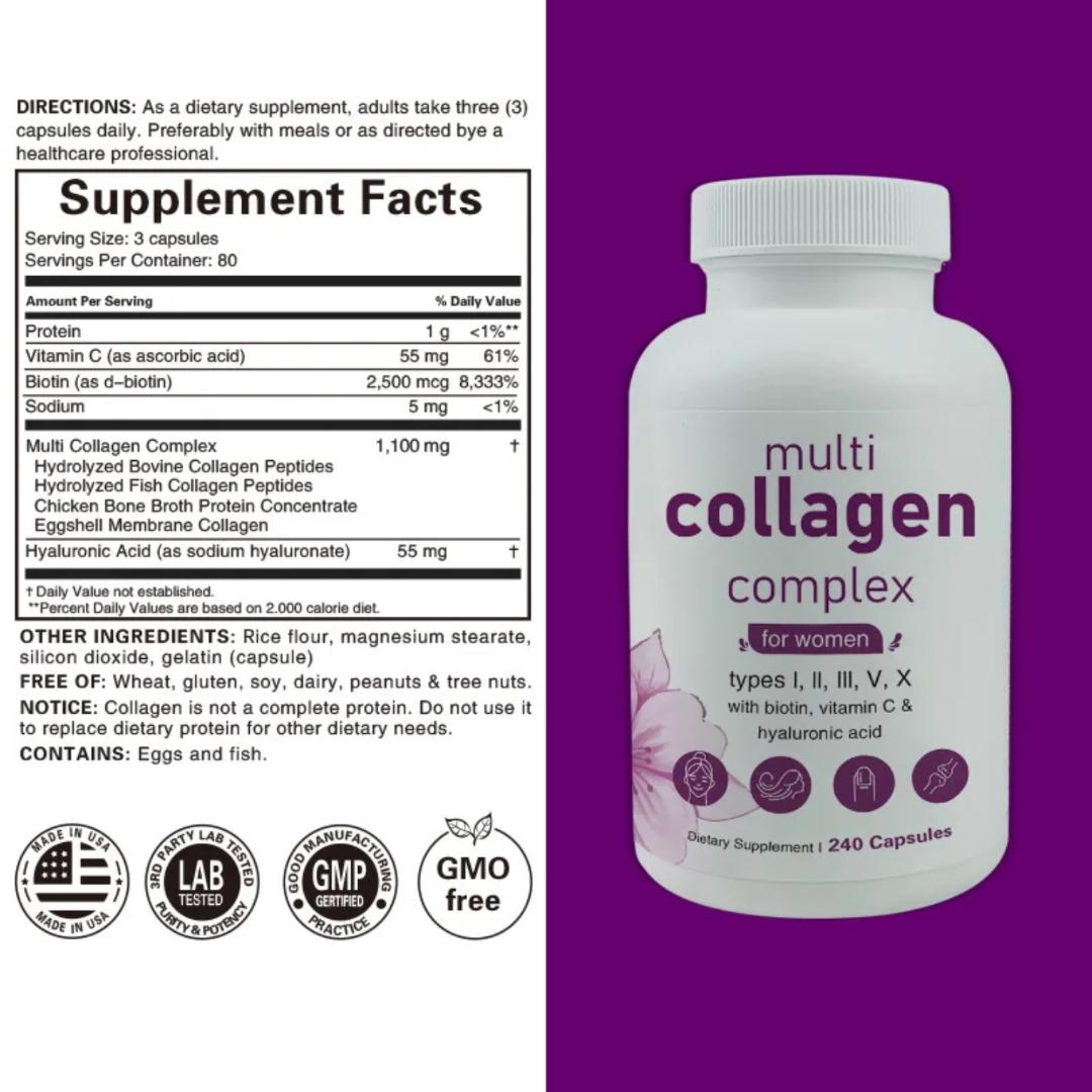 Multi Collagen Supplement - Skin Care Capsules, Firming Skin, Promoting Hair and Nail Growth, Anti-oxidant 240 capsules