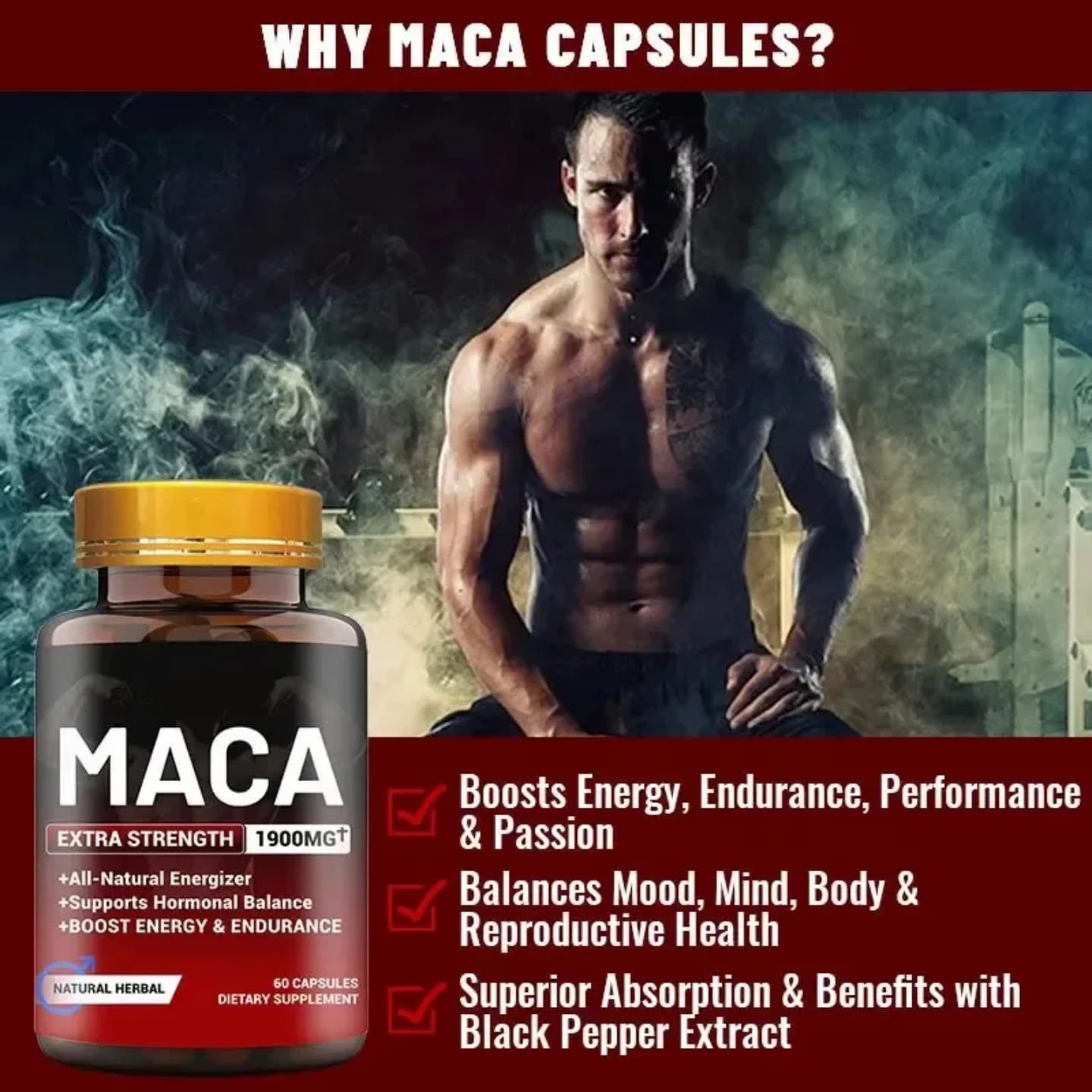 1900mg Maca Root Powder Extract Capsules for Energy, hormones balance, Immunity & Libido Support 60 Capsules