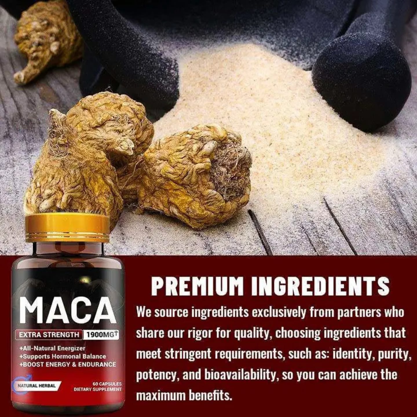 1900mg Maca Root Powder Extract Capsules for Energy, hormones balance, Immunity & Libido Support 60 Capsules