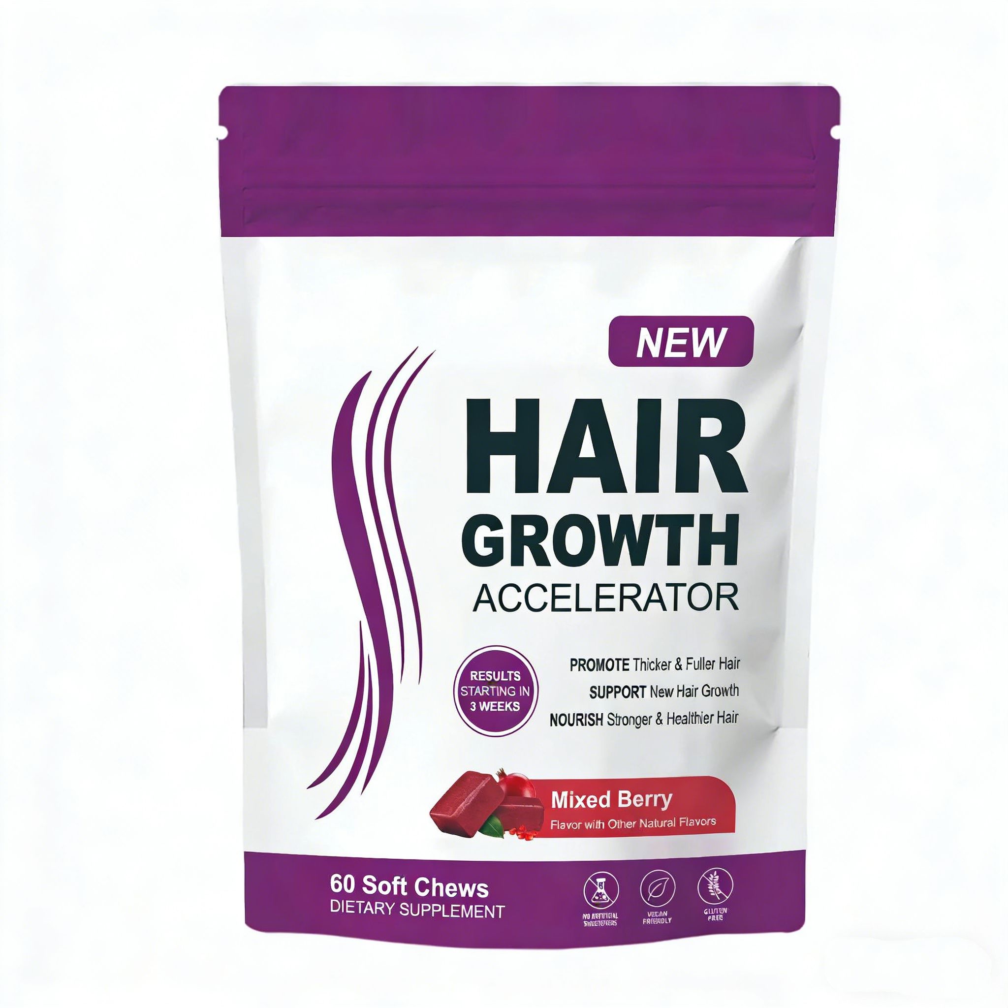 NEW Hair Growth Accelerator Soft Chews – Promote Thicker & Fuller Hair, Supports New Hair Growth, Mixed Berry, 60 Soft Chews
