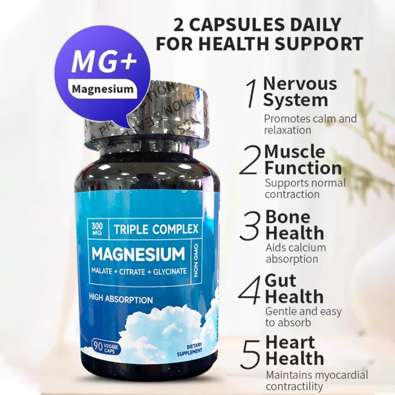 Triple Complex Magnesium 300mg (Citrate, Malate & Glycinate) – Supports Muscle Relaxation & Recovery, Reduces Fatigue & Cramps, Promotes Better Sleep, Enhances Nerve & Heart Health & bone strength